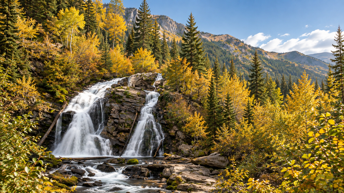 Autumn hiking trail and waterfall near Fernie British Columbia