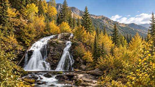 Autumn hiking trail and waterfall near Fernie British Columbia