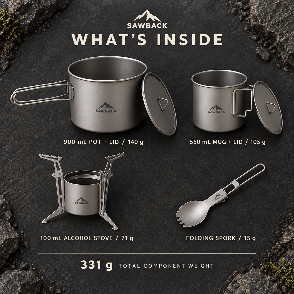 Sawback Trail Kitchen — 4-Piece Nested Titanium Cook System