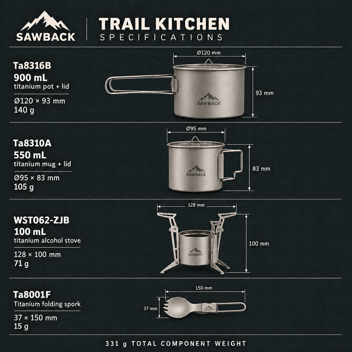 Sawback Trail Kitchen — 4-Piece Nested Titanium Cook System