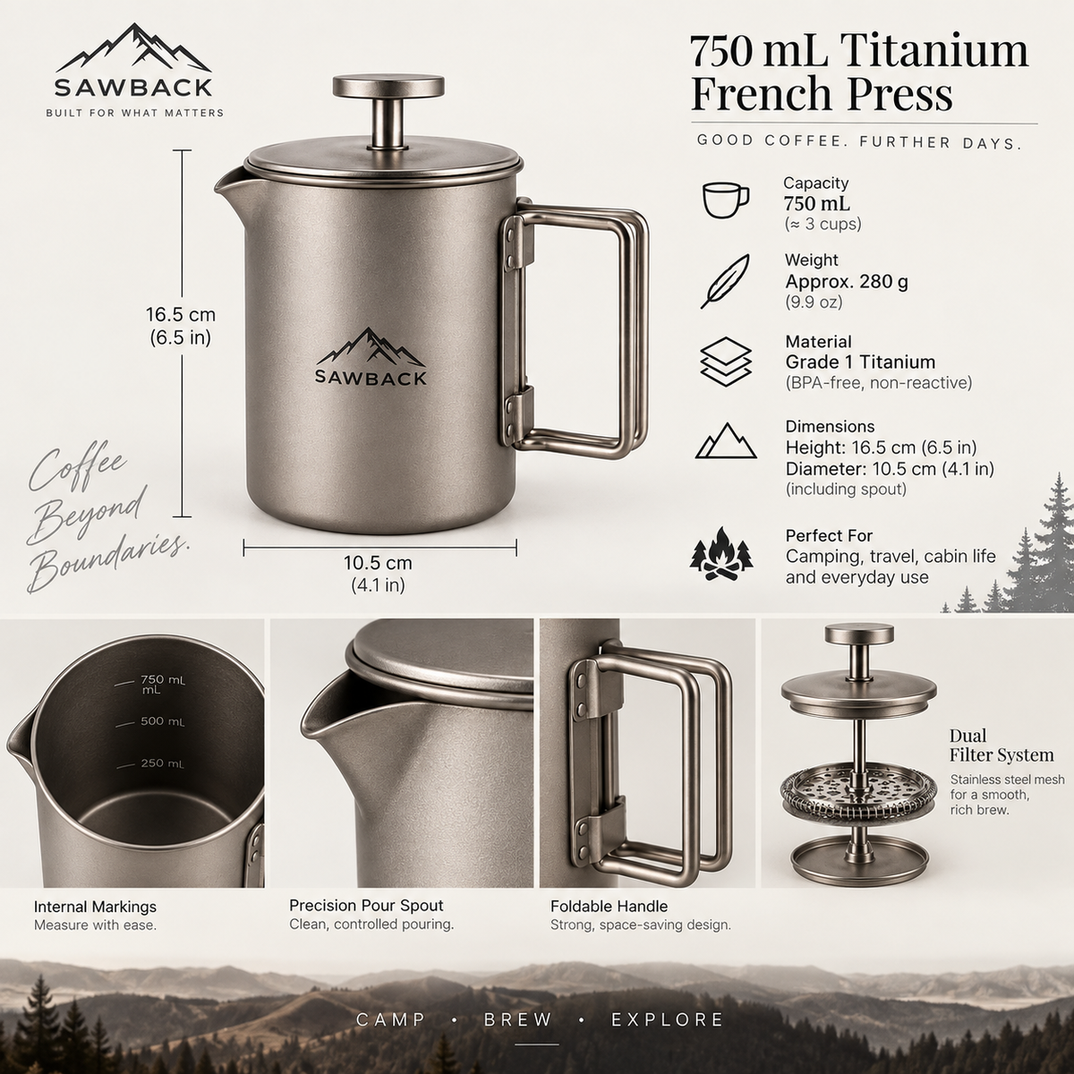 Sawback 750 mL Titanium Camp French Press